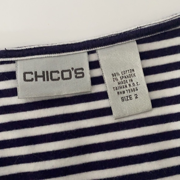 Chico’s Stripes Navy White Anchors Bedazzled 3/4 Sleeves Round Neck Blouse 2 - Picture 4 of 8